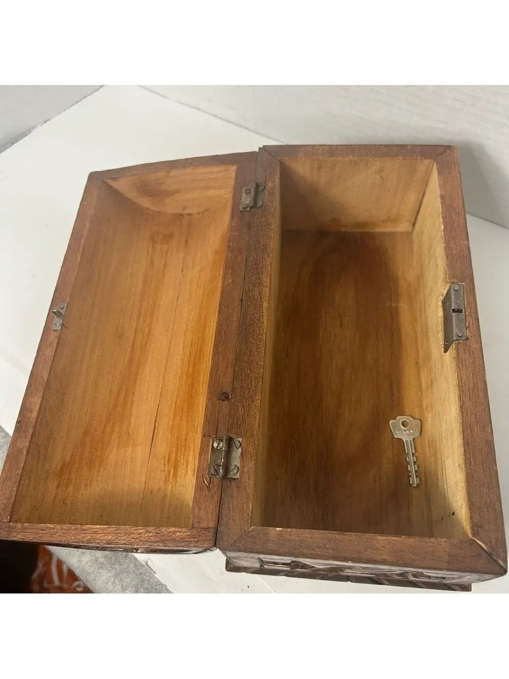 Antique Footed Hand carved Wooden Box Primitive Doned Floral Design Storage